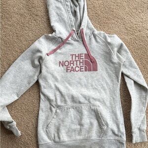 The North Face Light Gray Hoodie with Pink Accents